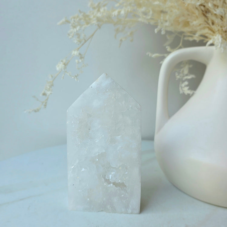 White Agate Crystal Tower Point Obelisk with Cluster Druzy Brazil High Quality - Crystals and Me | Crystal Candles and Ethically Sourced Crystals