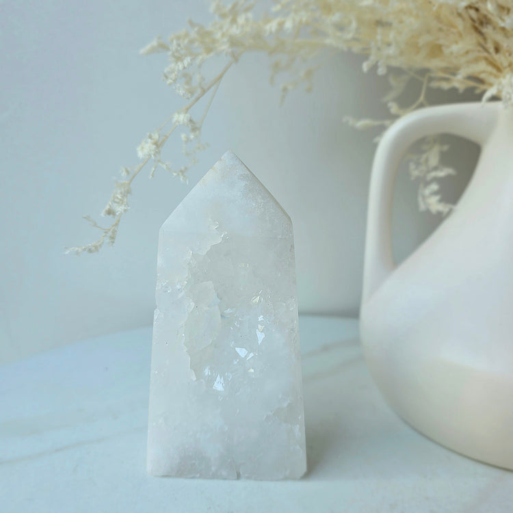 White Agate Crystal Tower Point Obelisk with Cluster Druzy Brazil High Quality - Crystals and Me | Crystal Candles and Ethically Sourced Crystals