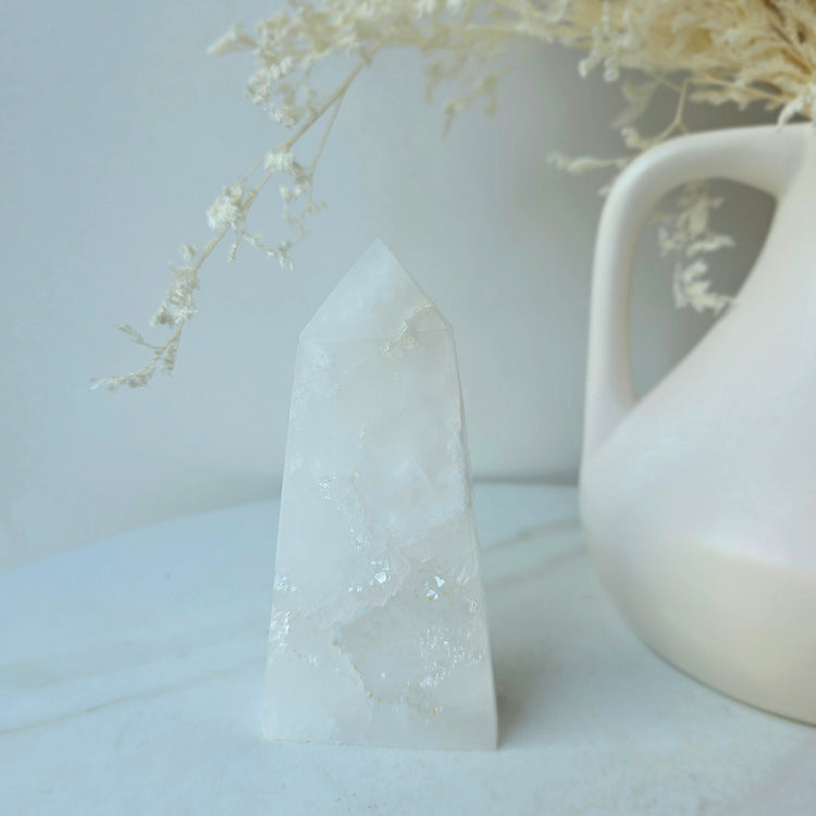 White Agate Crystal Tower Point Obelisk with Cluster Druzy Brazil High Quality - Crystals and Me | Crystal Candles and Ethically Sourced Crystals