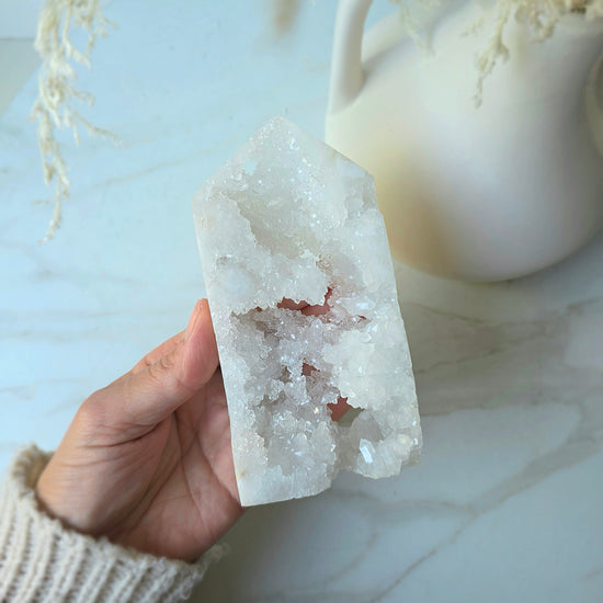 White Agate Crystal Tower Point Obelisk with Cluster Druzy Brazil High Quality - Crystals and Me | Crystal Candles and Ethically Sourced Crystals