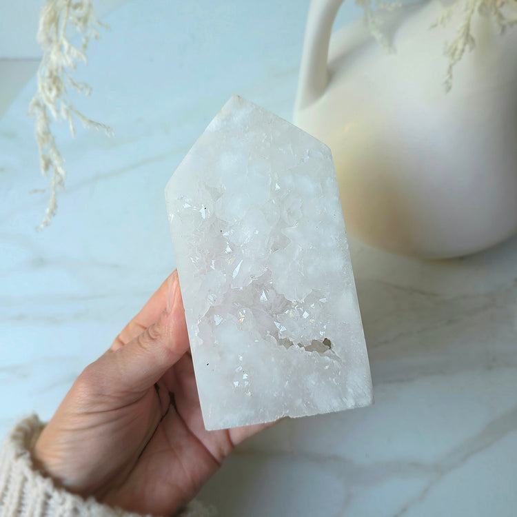 White Agate Crystal Tower Point Obelisk with Cluster Druzy Brazil High Quality - Crystals and Me | Crystal Candles and Ethically Sourced Crystals