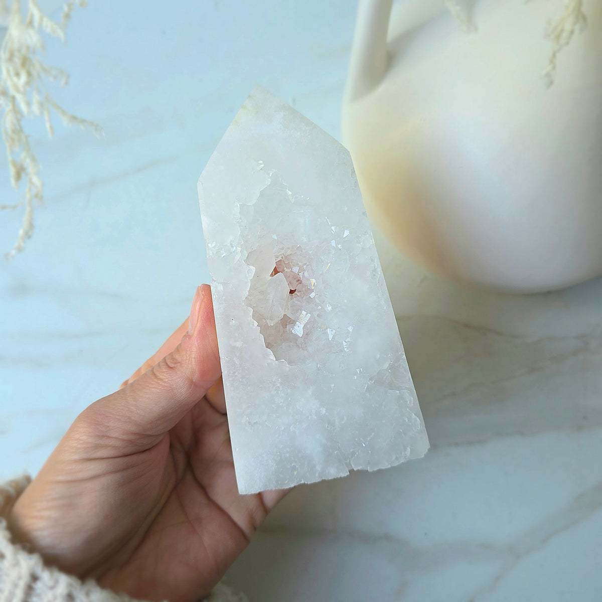 White Agate Crystal Tower Point Obelisk with Cluster Druzy Brazil High Quality - Crystals and Me | Crystal Candles and Ethically Sourced Crystals
