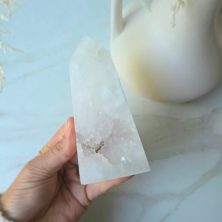 White Agate Crystal Tower Point Obelisk with Cluster Druzy Brazil High Quality - Crystals and Me | Crystal Candles and Ethically Sourced Crystals