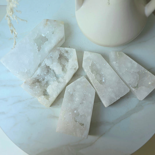 White Agate Crystal Tower Point Obelisk with Cluster Druzy Brazil High Quality
