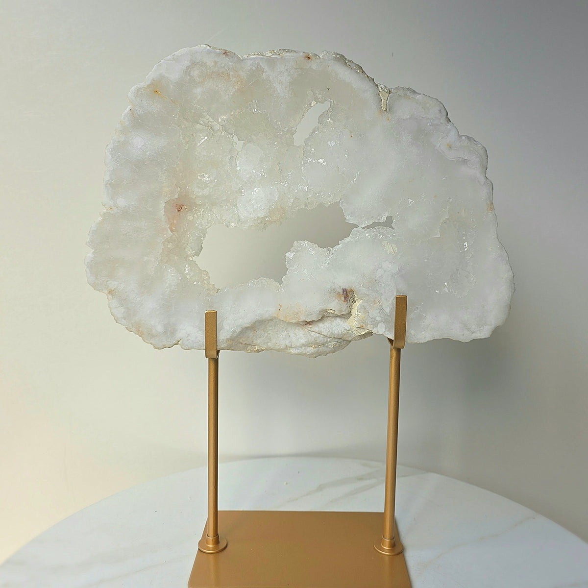 White Agate Crystal Cloud Slab Slice with Cluster Druzy XL on Stand Brazil High Quality Statement