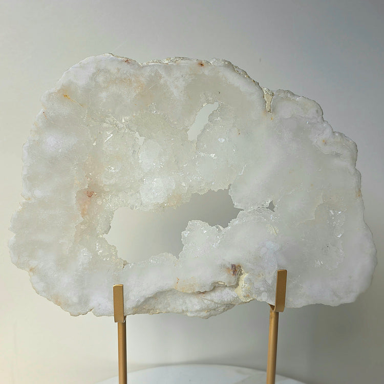 White Agate Crystal Cloud Slab Slice with Cluster Druzy XL on Stand Brazil High Quality Statement