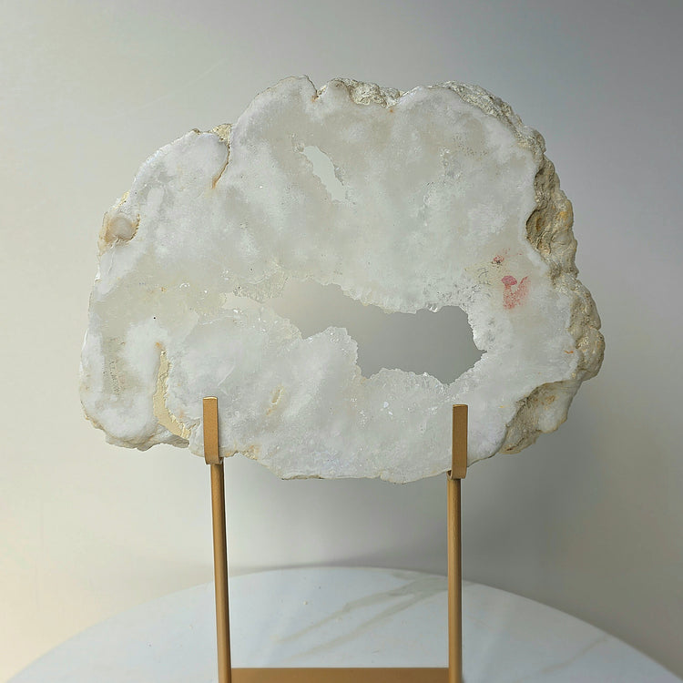 White Agate Crystal Cloud Slab Slice with Cluster Druzy XL on Stand Brazil High Quality Statement