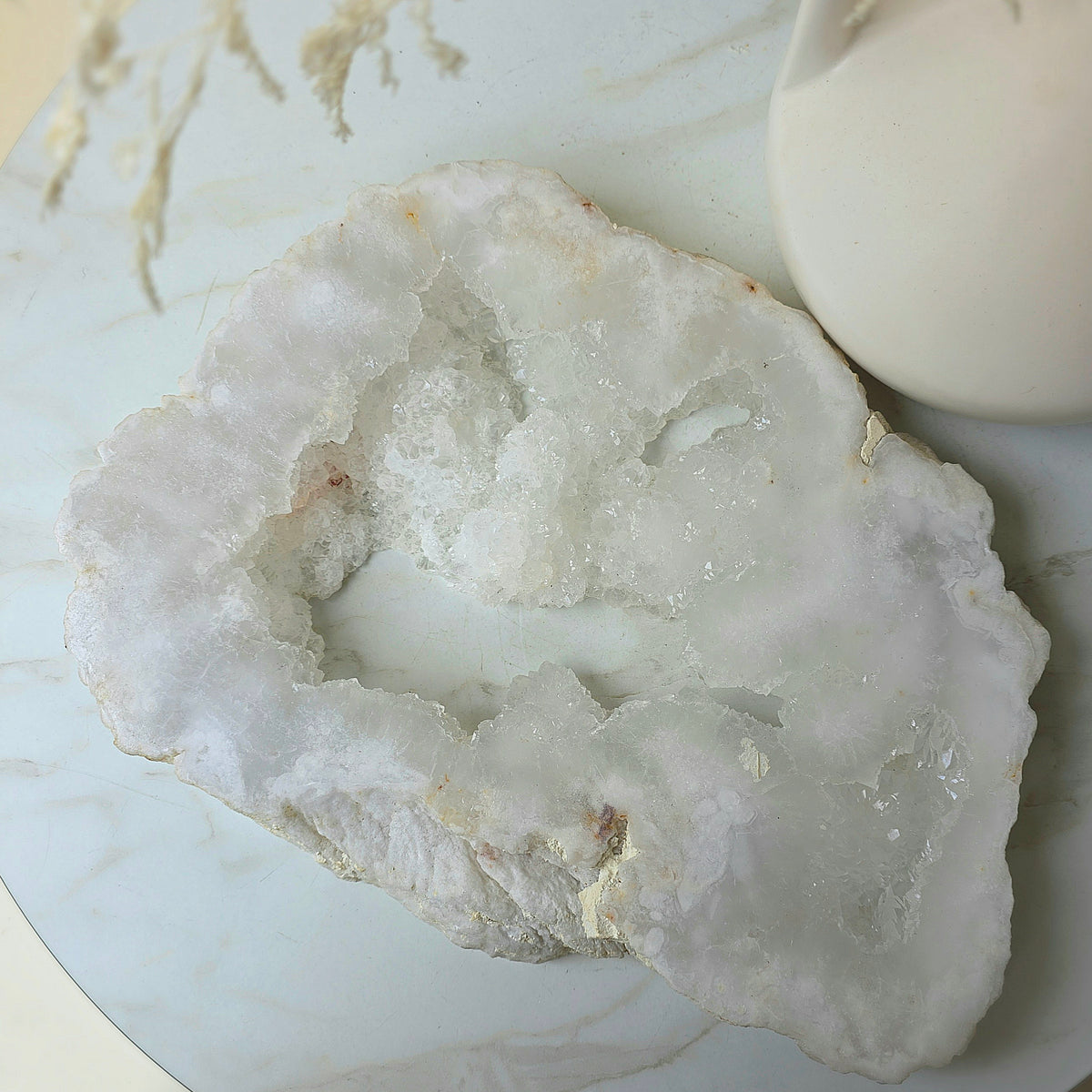 White Agate Crystal Cloud Slab Slice with Cluster Druzy XL on Stand Brazil High Quality Statement - Crystals and Me | Crystal Candles and Ethically Sourced Crystals