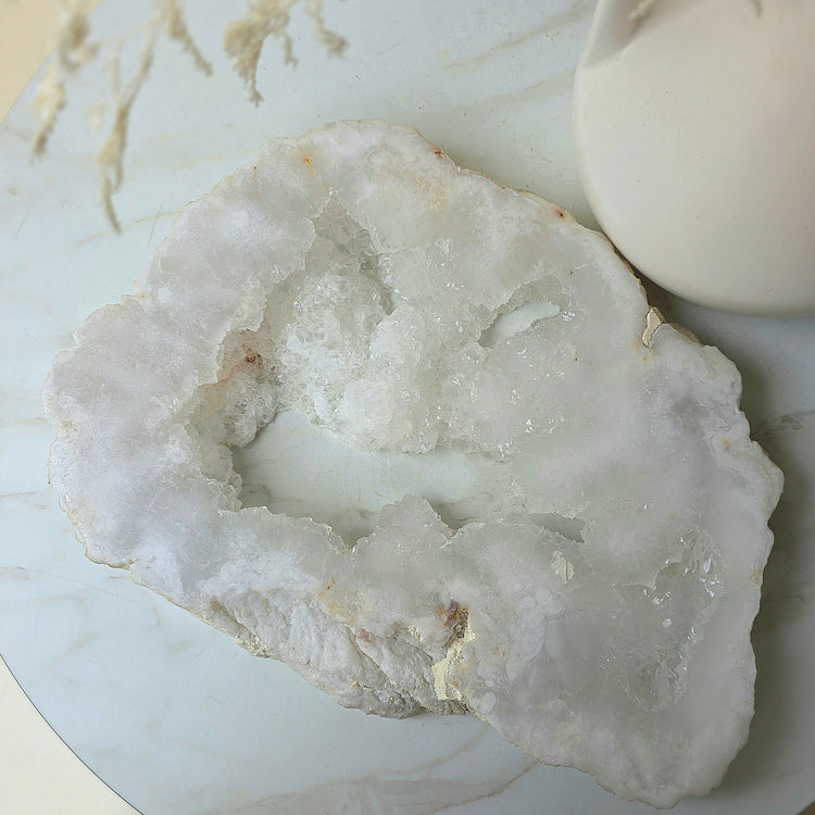 White Agate Crystal Cloud Slab Slice with Cluster Druzy XL on Stand Brazil High Quality Statement