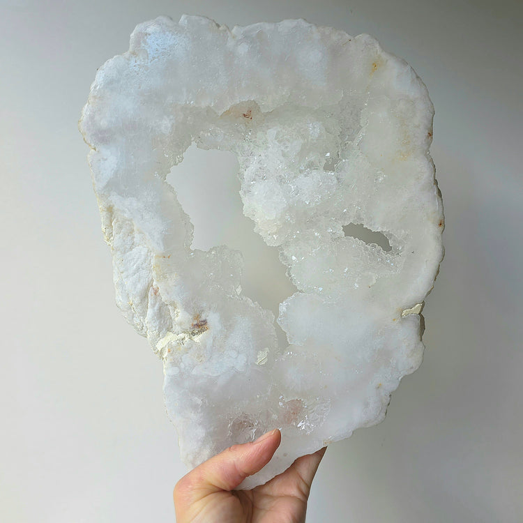 White Agate Crystal Cloud Slab Slice with Cluster Druzy XL on Stand Brazil High Quality Statement