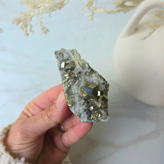 Pyrite Crystal Cube Cluster in Quartz