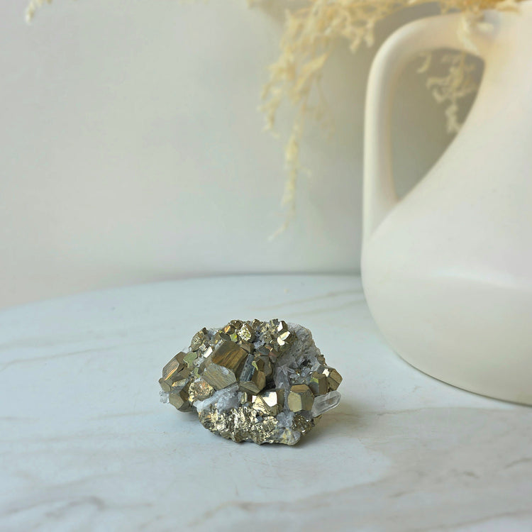 Pyrite Crystal Cube Cluster in Quartz