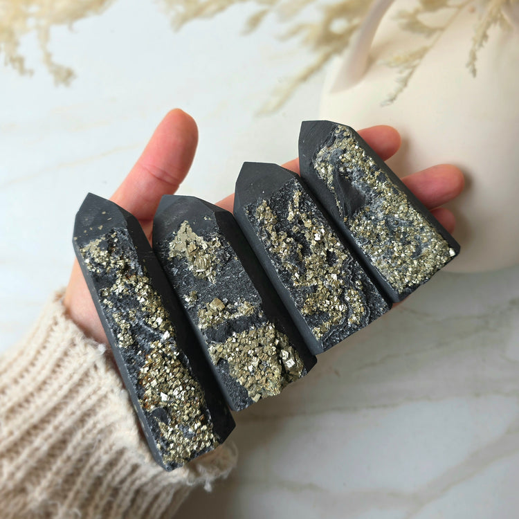 Shungite with Pyrite Crystal Point Tower High Quality Brazil - Crystals and Me | Crystal Candles and Ethically Sourced Crystals