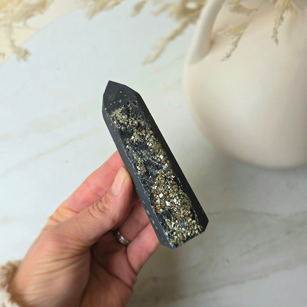 Shungite with Pyrite Crystal Point Tower High Quality Brazil - Crystals and Me | Crystal Candles and Ethically Sourced Crystals