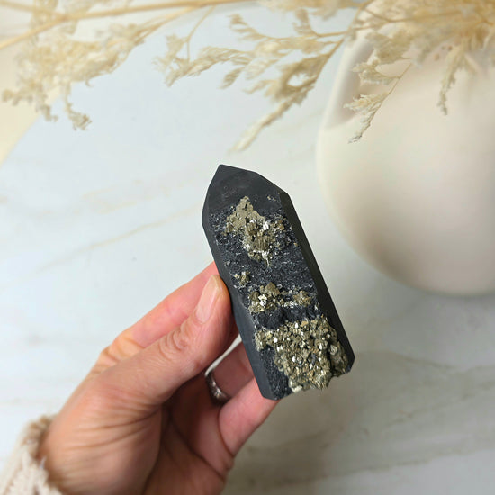 Shungite with Pyrite Crystal Point Tower High Quality Brazil - Crystals and Me | Crystal Candles and Ethically Sourced Crystals