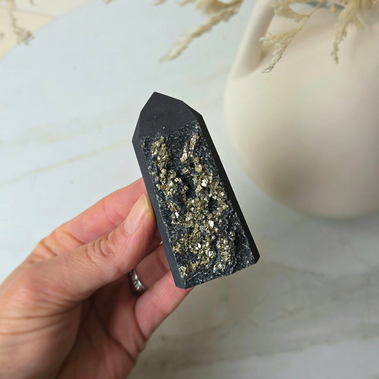Shungite with Pyrite Crystal Point Tower High Quality Brazil - Crystals and Me | Crystal Candles and Ethically Sourced Crystals