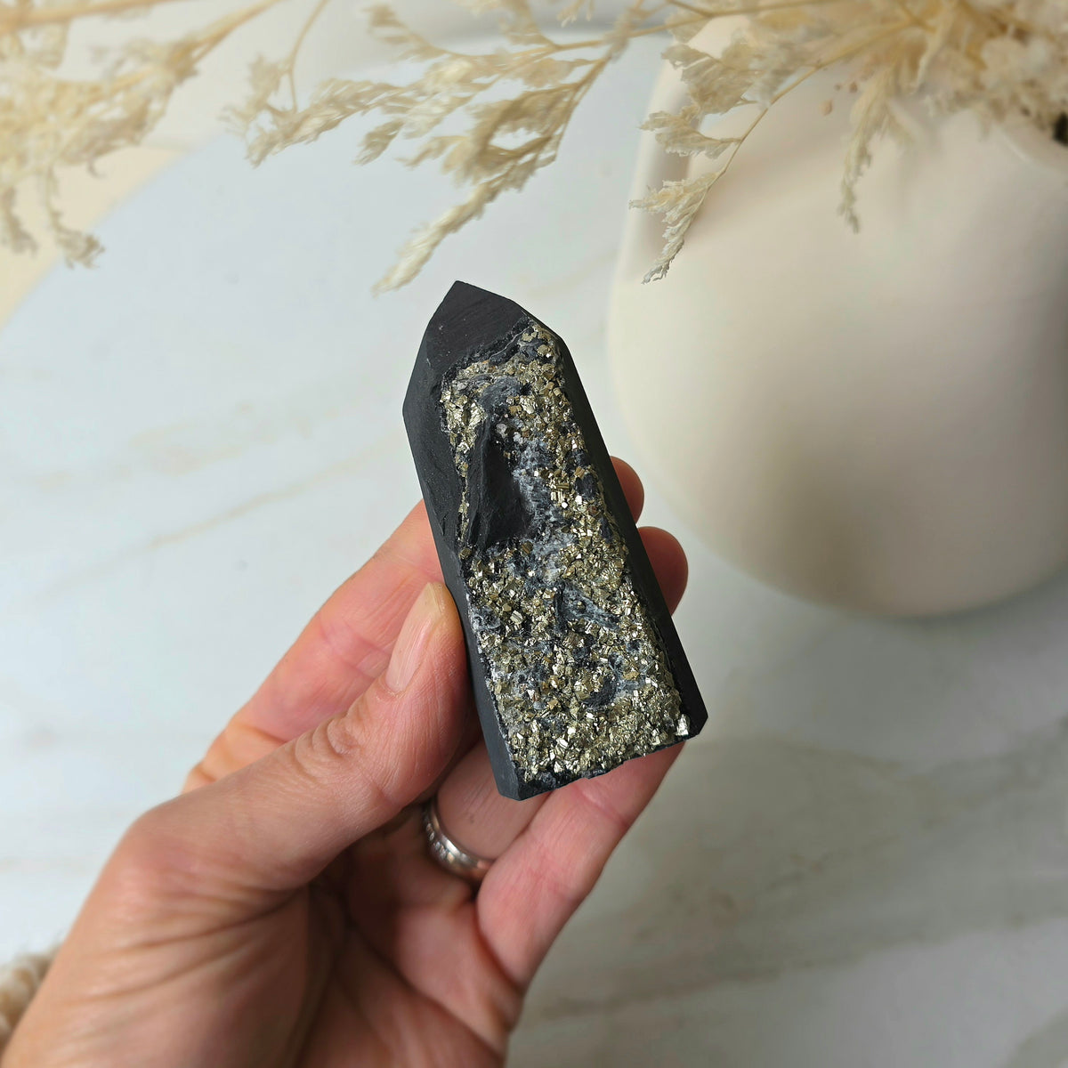 Shungite with Pyrite Crystal Point Tower High Quality Brazil - Crystals and Me | Crystal Candles and Ethically Sourced Crystals