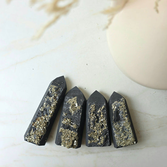 Shungite with Pyrite Crystal Point Tower High Quality Brazil - Crystals and Me | Crystal Candles and Ethically Sourced Crystals