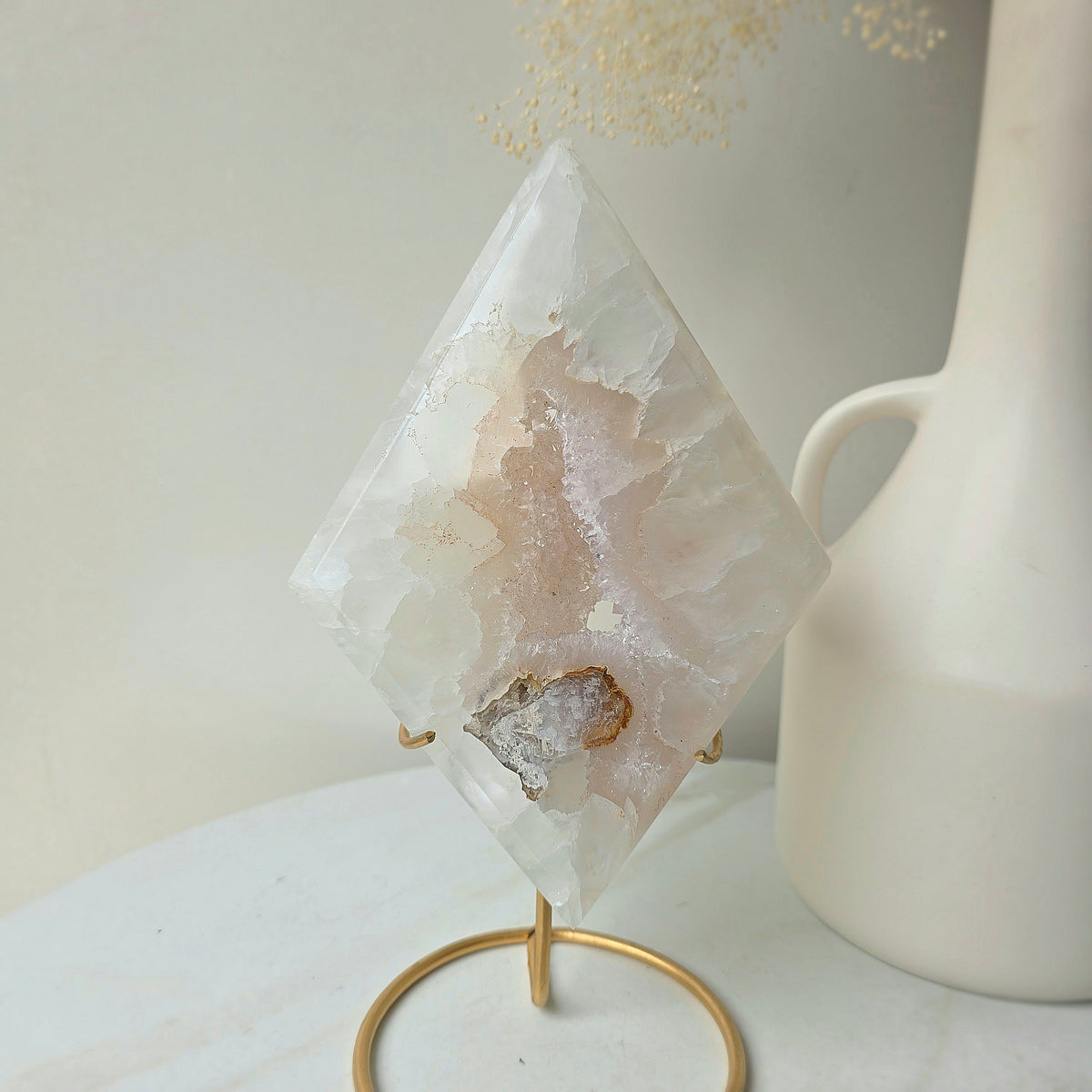 White Agate Crystal Diamond with Cluster Druzy Brazil High Quality on Stand - Crystals and Me | Crystal Candles and Ethically Sourced Crystals