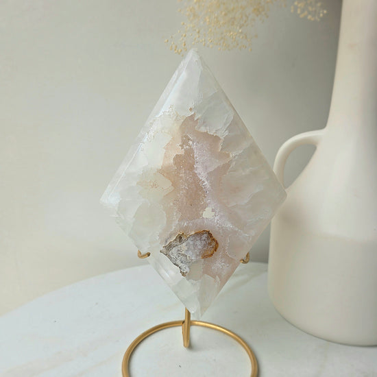 White Agate Crystal Diamond with Cluster Druzy Brazil High Quality on Stand - Crystals and Me | Crystal Candles and Ethically Sourced Crystals