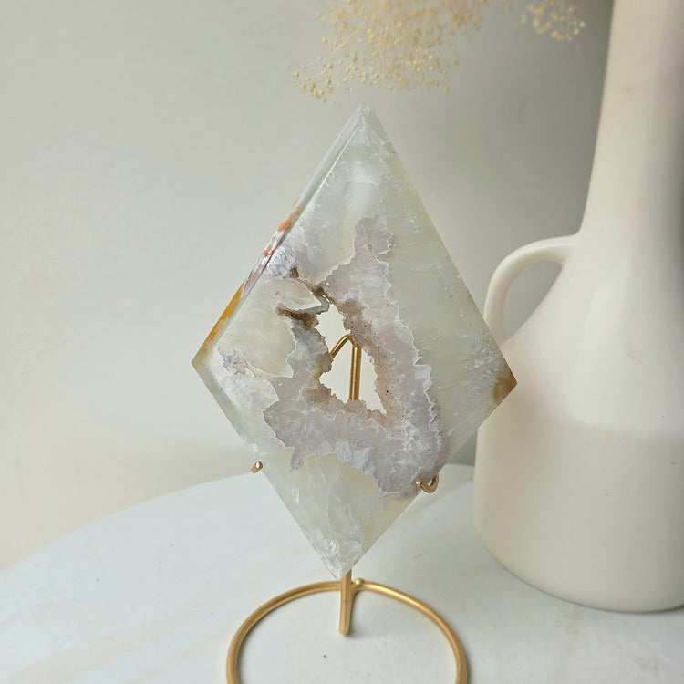 White Agate Crystal Diamond with Cluster Druzy Brazil High Quality on Stand - Crystals and Me | Crystal Candles and Ethically Sourced Crystals