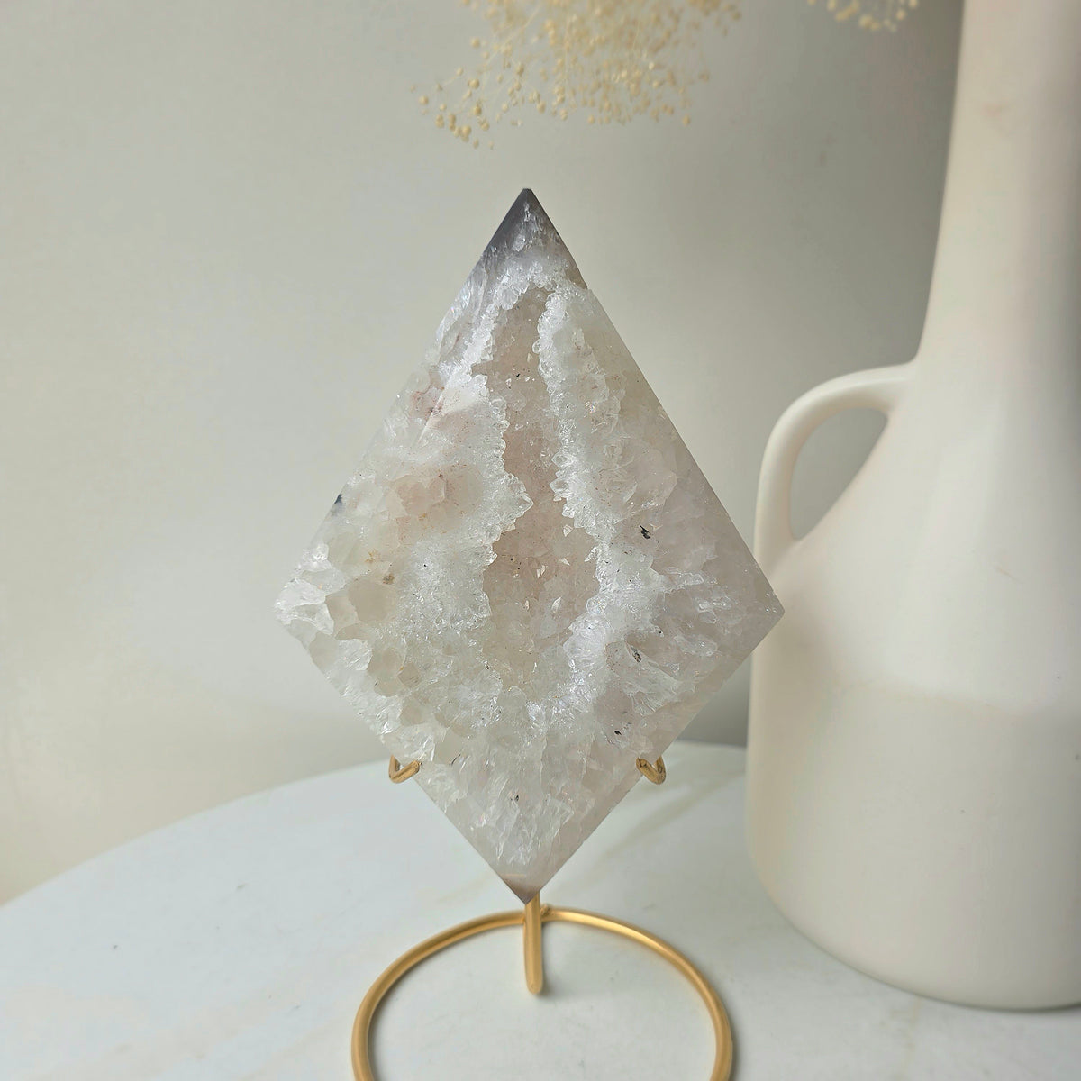 White Agate Crystal Diamond with Cluster Druzy Brazil High Quality on Stand - Crystals and Me | Crystal Candles and Ethically Sourced Crystals