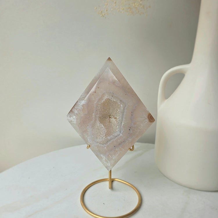 White Agate Crystal Diamond with Cluster Druzy Brazil High Quality on Stand - Crystals and Me | Crystal Candles and Ethically Sourced Crystals