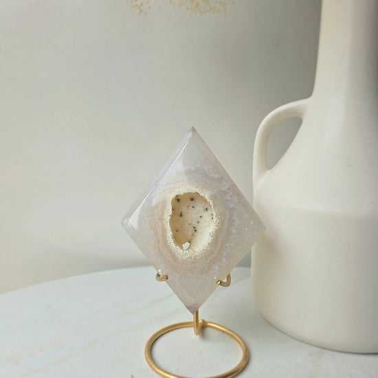 White Agate Crystal Diamond with Cluster Druzy Brazil High Quality on Stand - Crystals and Me | Crystal Candles and Ethically Sourced Crystals