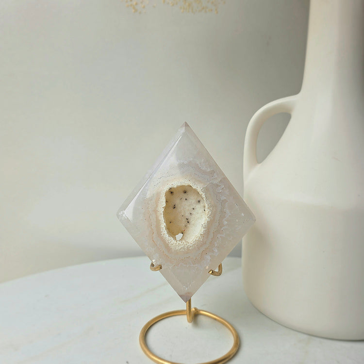White Agate Crystal Diamond with Cluster Druzy Brazil High Quality on Stand - Crystals and Me | Crystal Candles and Ethically Sourced Crystals