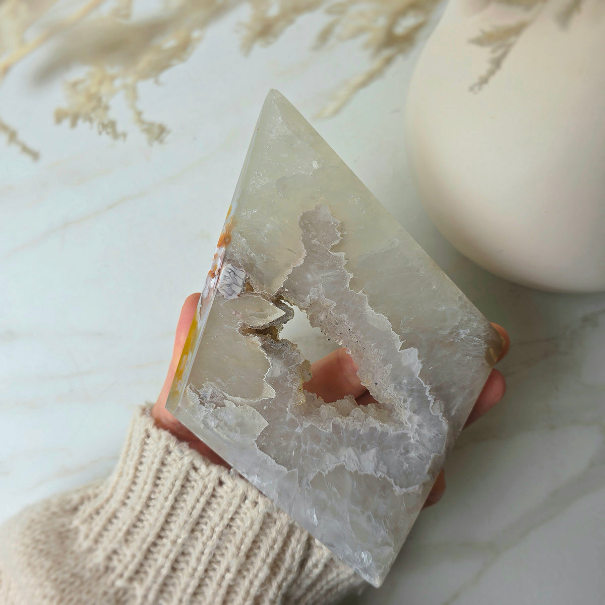 White Agate Crystal Diamond with Cluster Druzy Brazil High Quality on Stand - Crystals and Me | Crystal Candles and Ethically Sourced Crystals