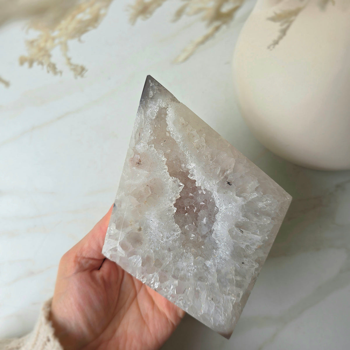White Agate Crystal Diamond with Cluster Druzy Brazil High Quality on Stand - Crystals and Me | Crystal Candles and Ethically Sourced Crystals