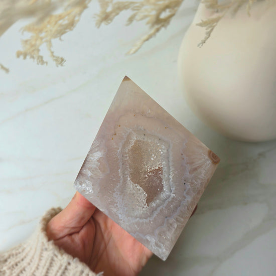 White Agate Crystal Diamond with Cluster Druzy Brazil High Quality on Stand - Crystals and Me | Crystal Candles and Ethically Sourced Crystals