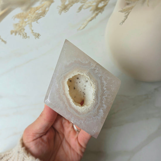 White Agate Crystal Diamond with Cluster Druzy Brazil High Quality on Stand - Crystals and Me | Crystal Candles and Ethically Sourced Crystals