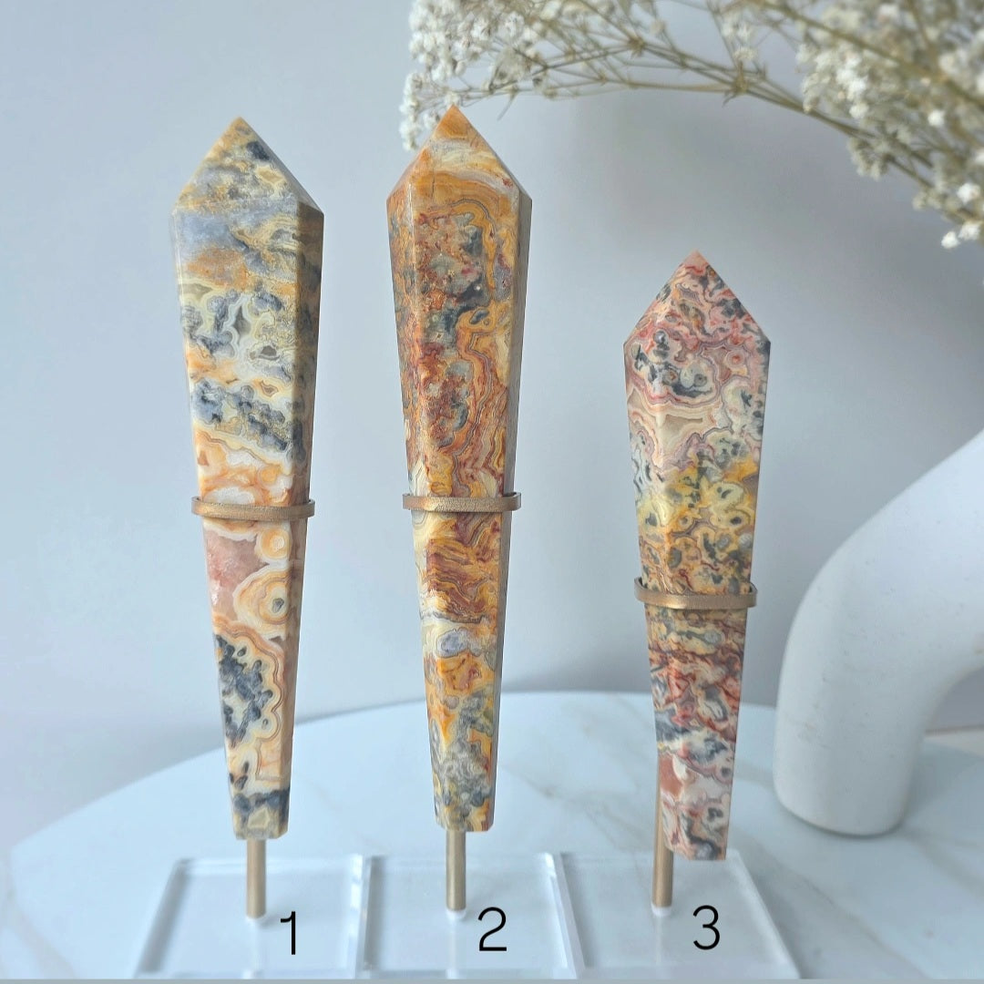 Yellow Crazy Lace Agate Crystal Point Wand in Stand High Quality - Crystals and Me | Crystal Candles and Ethically Sourced Crystals