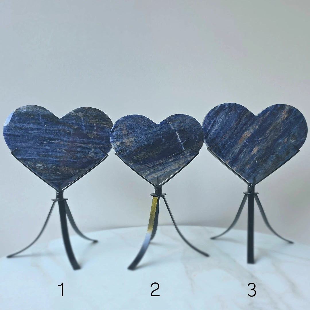 Sodalite Crystal Heart with Hemetite Inclusion on Stand High Quality Brazil - Crystals and Me | Crystal Candles and Ethically Sourced Crystals