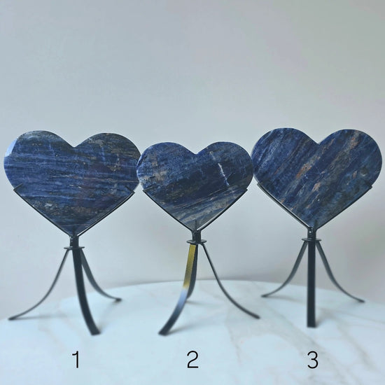 Sodalite Crystal Heart with Hemetite Inclusion on Stand High Quality Brazil - Crystals and Me | Crystal Candles and Ethically Sourced Crystals