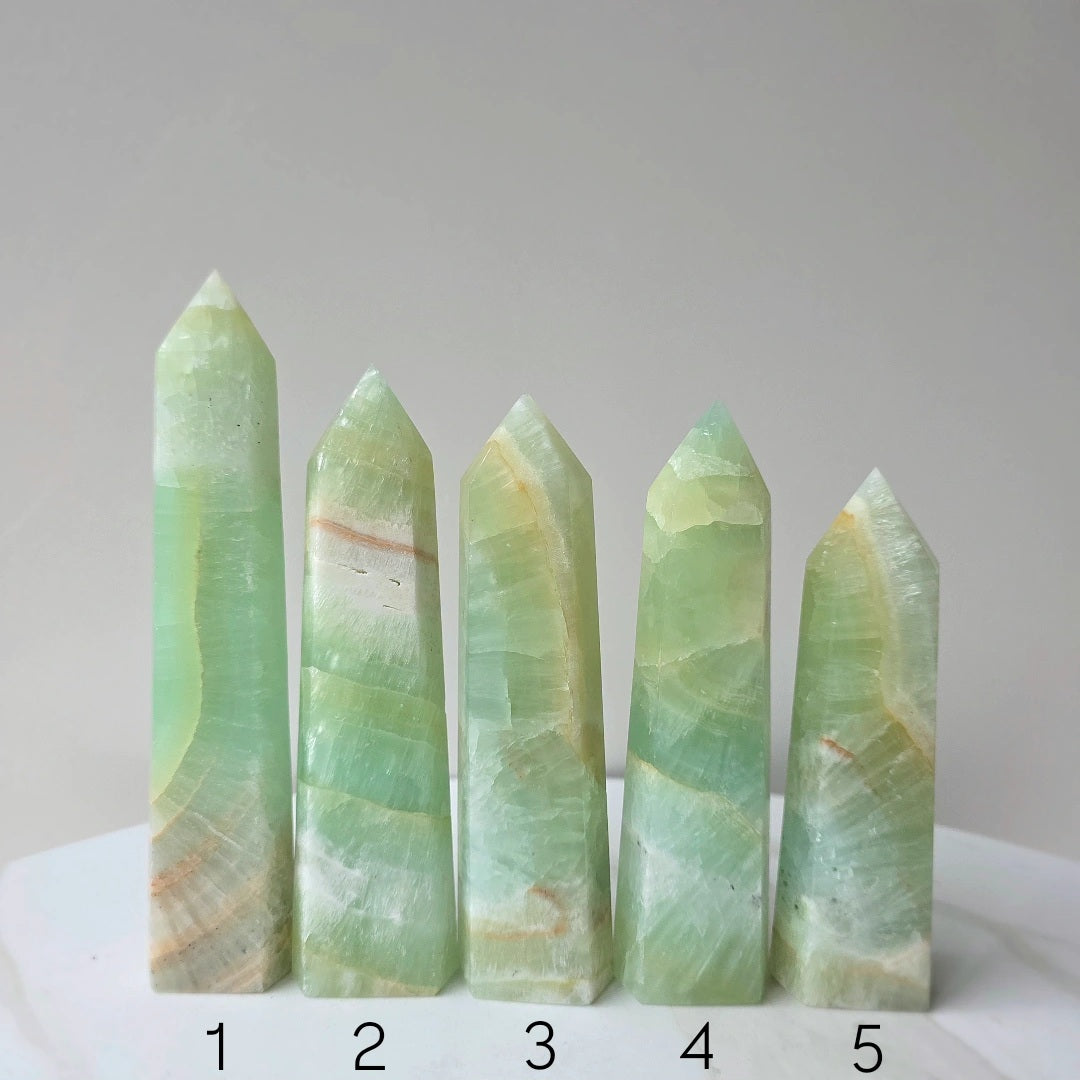 Pistachio Calcite Crystal Point Tower Obelisk High Quality - Crystals and Me | Crystal Candles and Ethically Sourced Crystals