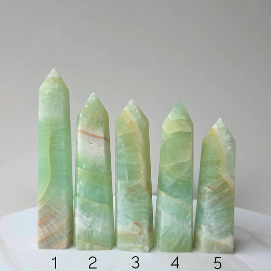 Pistachio Calcite Crystal Point Tower Obelisk High Quality - Crystals and Me | Crystal Candles and Ethically Sourced Crystals
