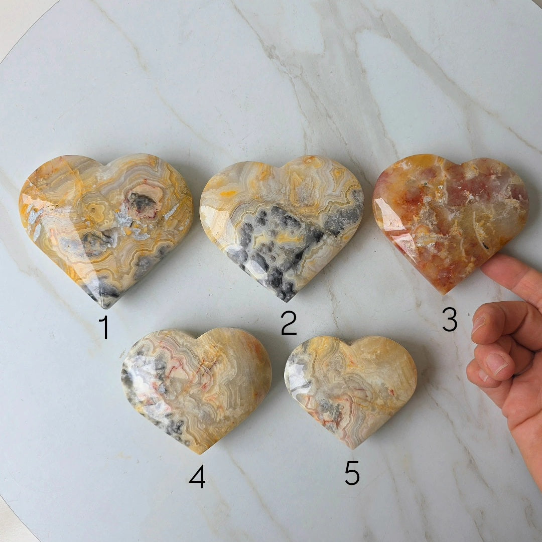 Yellow Crazy Lace Agate Crystal Heart on Stand Mexico High Quality - Crystals and Me | Crystal Candles and Ethically Sourced Crystals