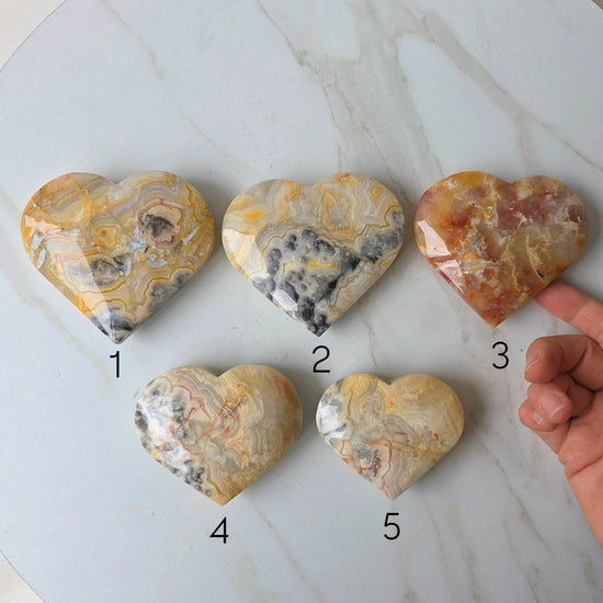 Yellow Crazy Lace Agate Crystal Heart on Stand Mexico High Quality - Crystals and Me | Crystal Candles and Ethically Sourced Crystals