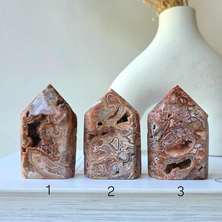 Pink Lace Agate Crystal Point Tower with Druze Medium High Quality Indonesia