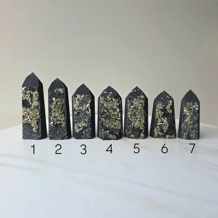 Shungite with Pyrite Crystal Point Tower High Quality Brazil
