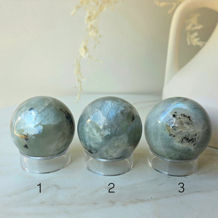 Green Moonstone Crystal Sphere High Quality on Stand