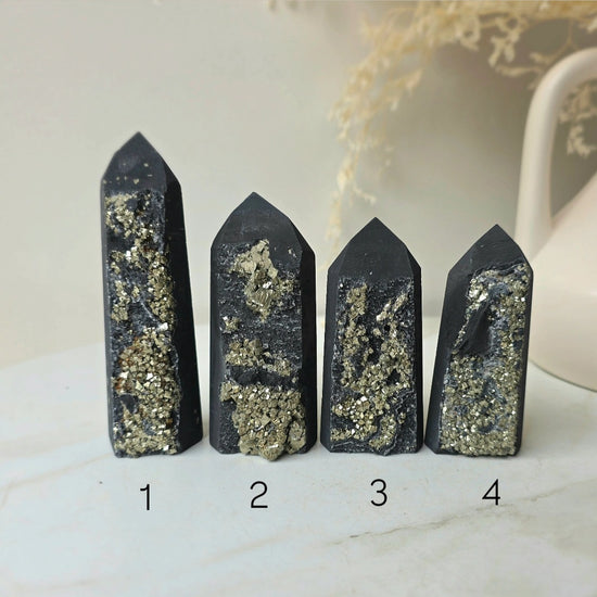 Shungite with Pyrite Crystal Point Tower High Quality Brazil - Crystals and Me | Crystal Candles and Ethically Sourced Crystals