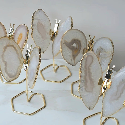 White Agate Crystal Butterfly Gold Edge on Stand